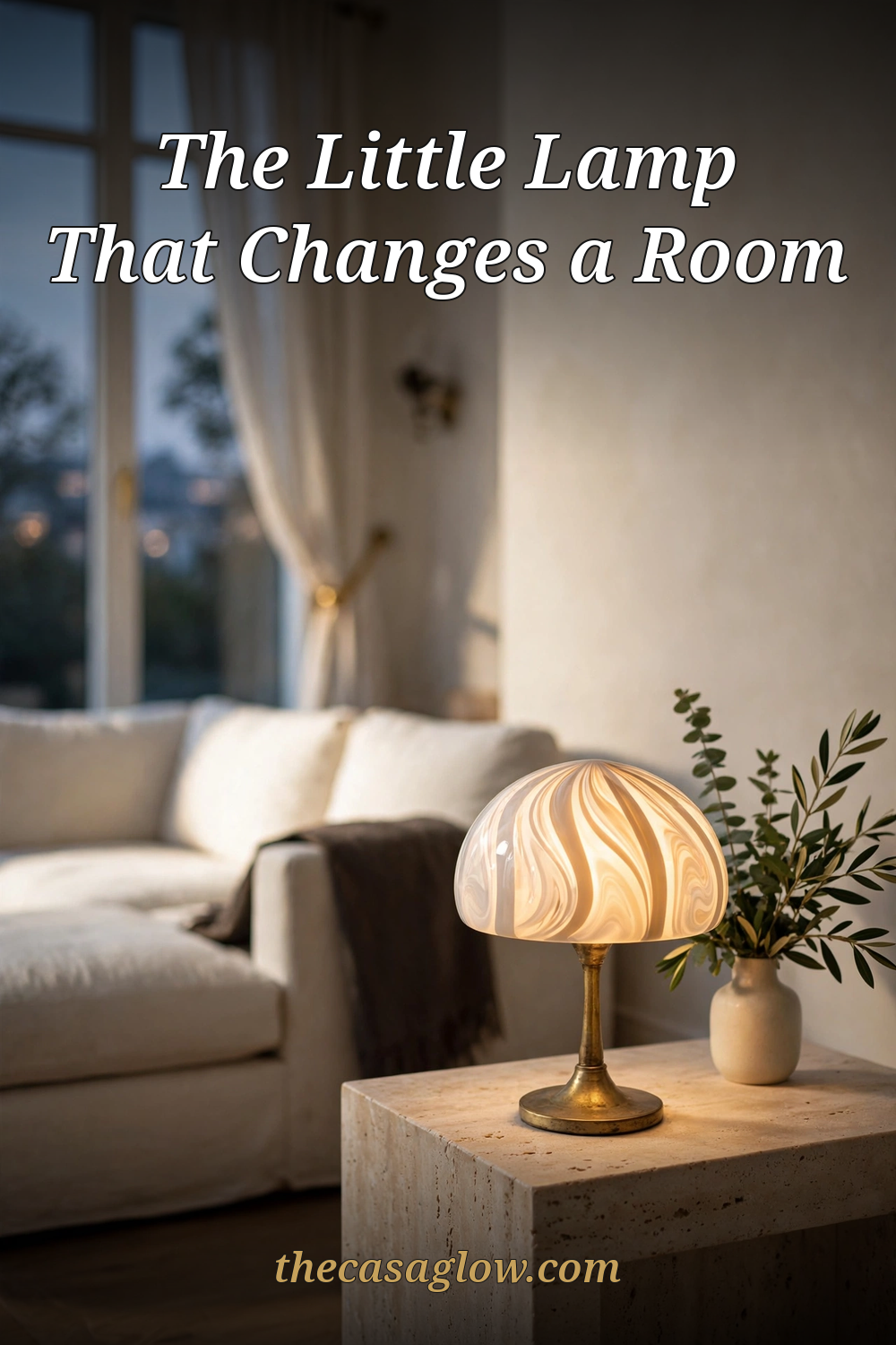 Mushroom table lamp styled in a living room at dusk - The Casa Glow