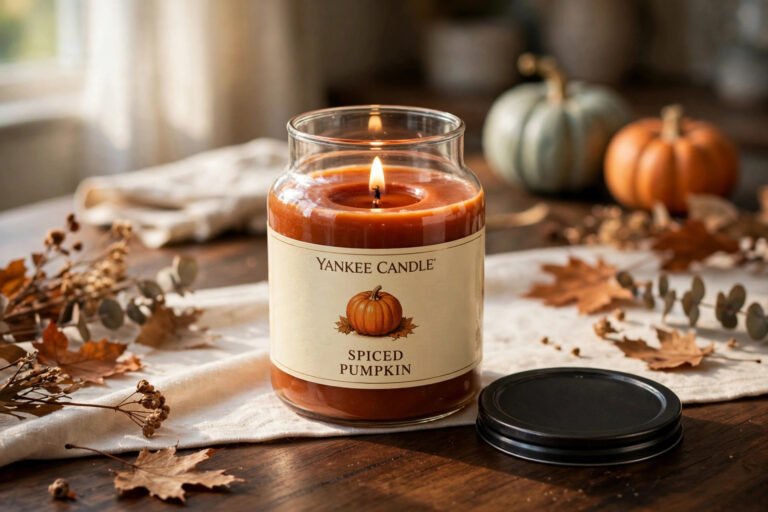 Yankee Candle Spiced Pumpkin 22oz large jar candle lit on a fall tablescape with autumn leaves and pumpkins
