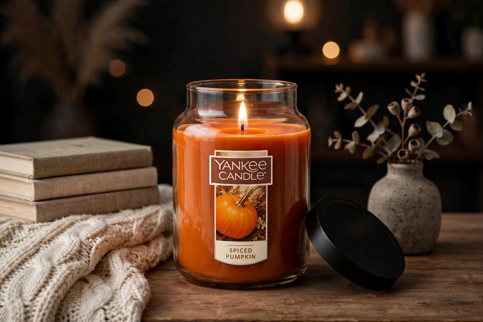 Lit Spiced Pumpkin Yankee Candle on a cozy coffee table with knit throw and books at dusk