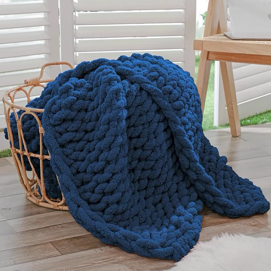 Bigacogo navy blue chunky knit throw blanket, 40x60 inches