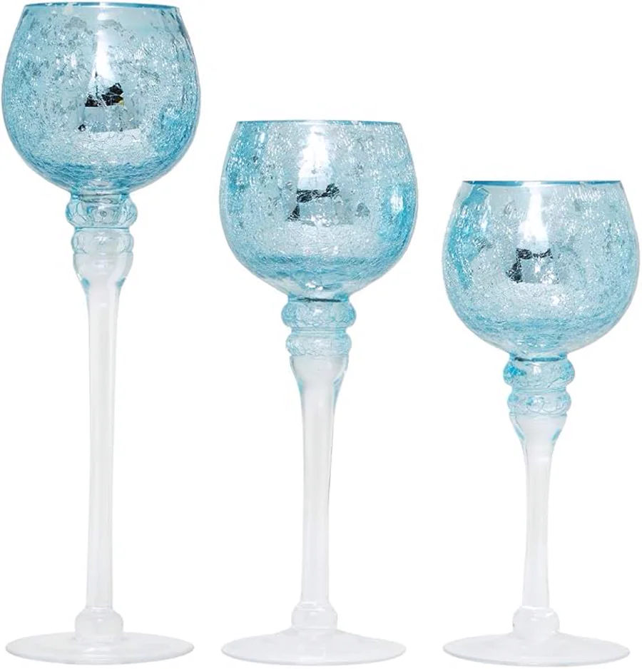 Hosley crackle blue glass tealight holders, set of 3