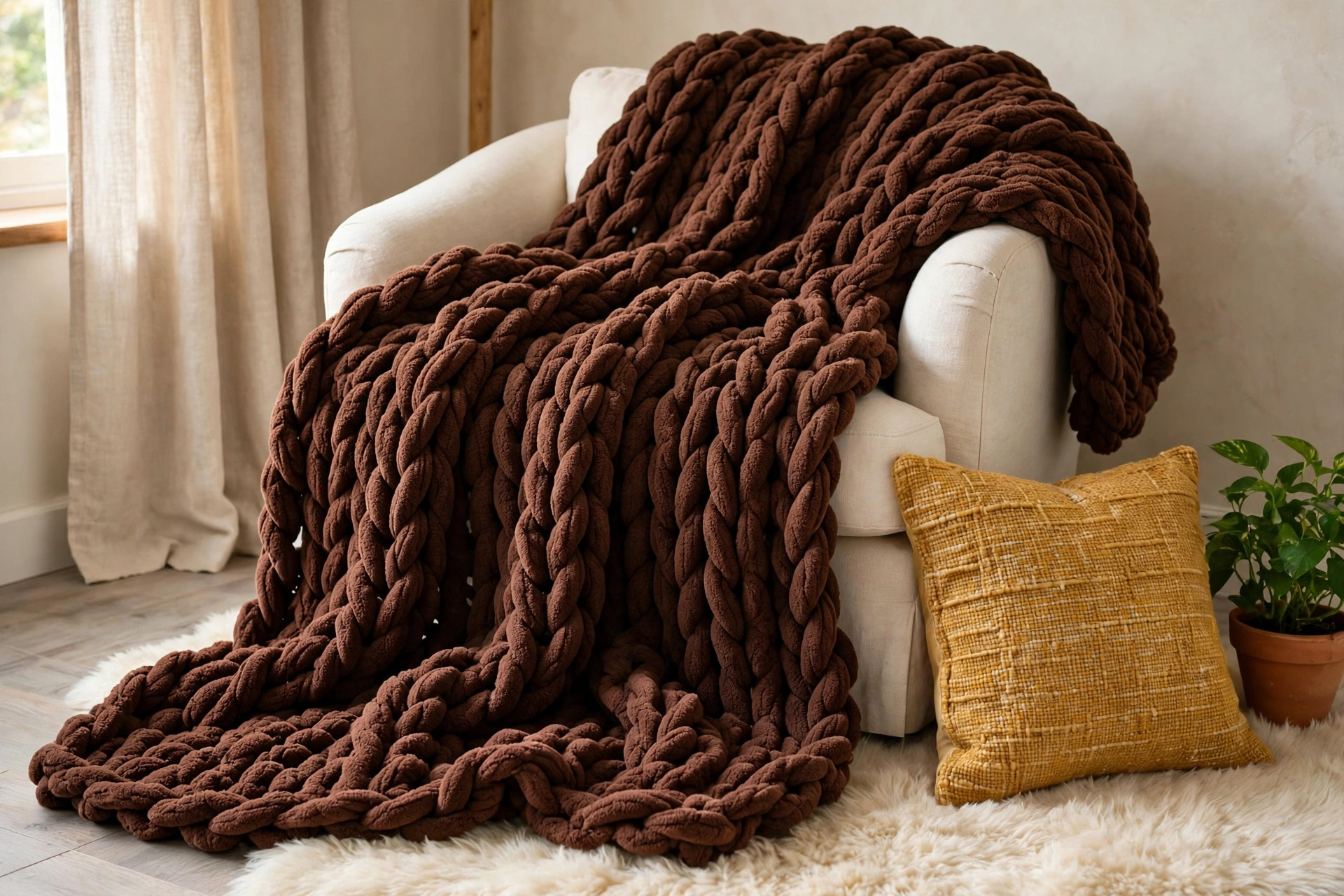 Carriediosa cocoa-brown chunky knit throw blanket, 60 x 80 inches