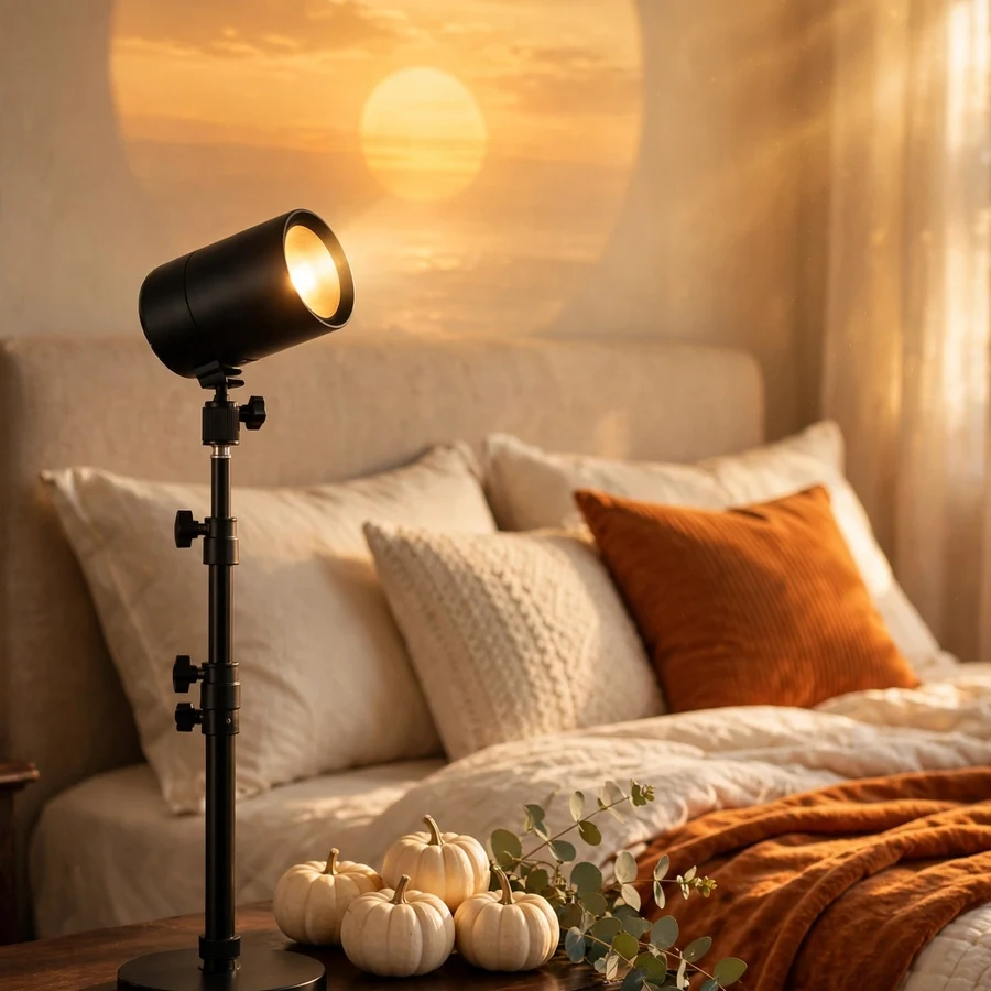 Tsrarey T3 sunset projection lamp projecting golden-hour light on a bedroom wall