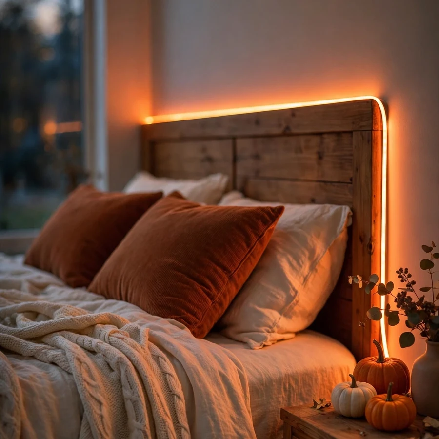 Govee RGBIC LED strip lights glowing warm behind a wooden bedroom headboard