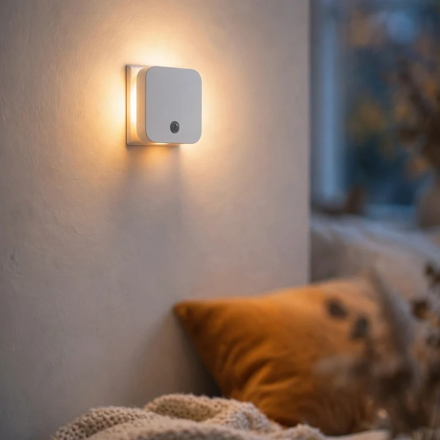 AUVON plug-in motion sensor night light glowing softly by a bed