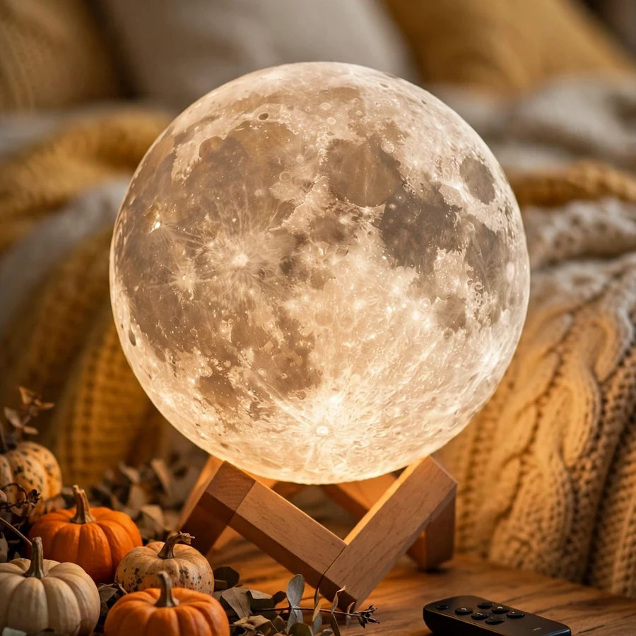 LOGROTATE 3D moon lamp on a wooden stand glowing in a cozy bedroom