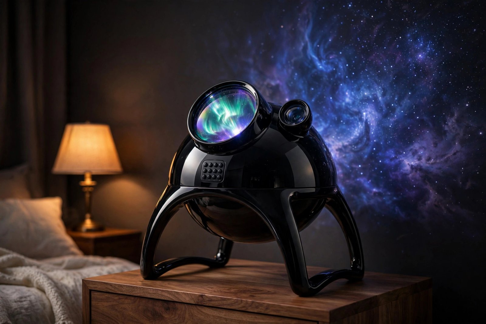 Rossetta dual-lens galaxy projector, a glossy black dome on curved arch legs, projecting an aurora nebula starfield onto a bedroom wall beside a warm bedside lamp