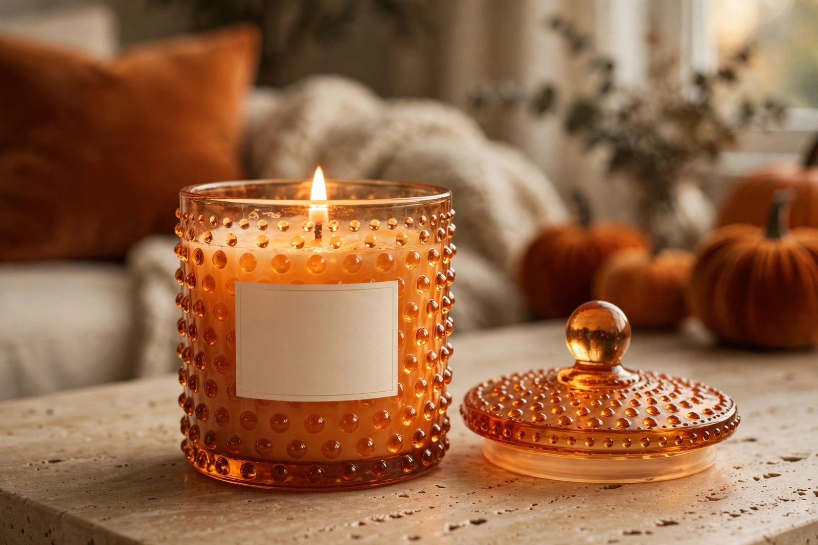 LA JOLIE MUSE Pumpkin Chai candle in hobnail glass jar lit on a travertine coffee table in a cozy fall living room
