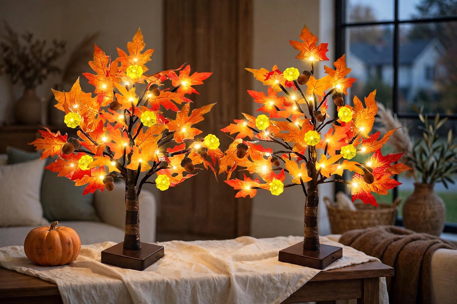 Two TURNMEON prelit fall maple trees glowing warm on a linen-covered console — orange maple leaves, yellow pumpkin lights, acorns, dark square bases