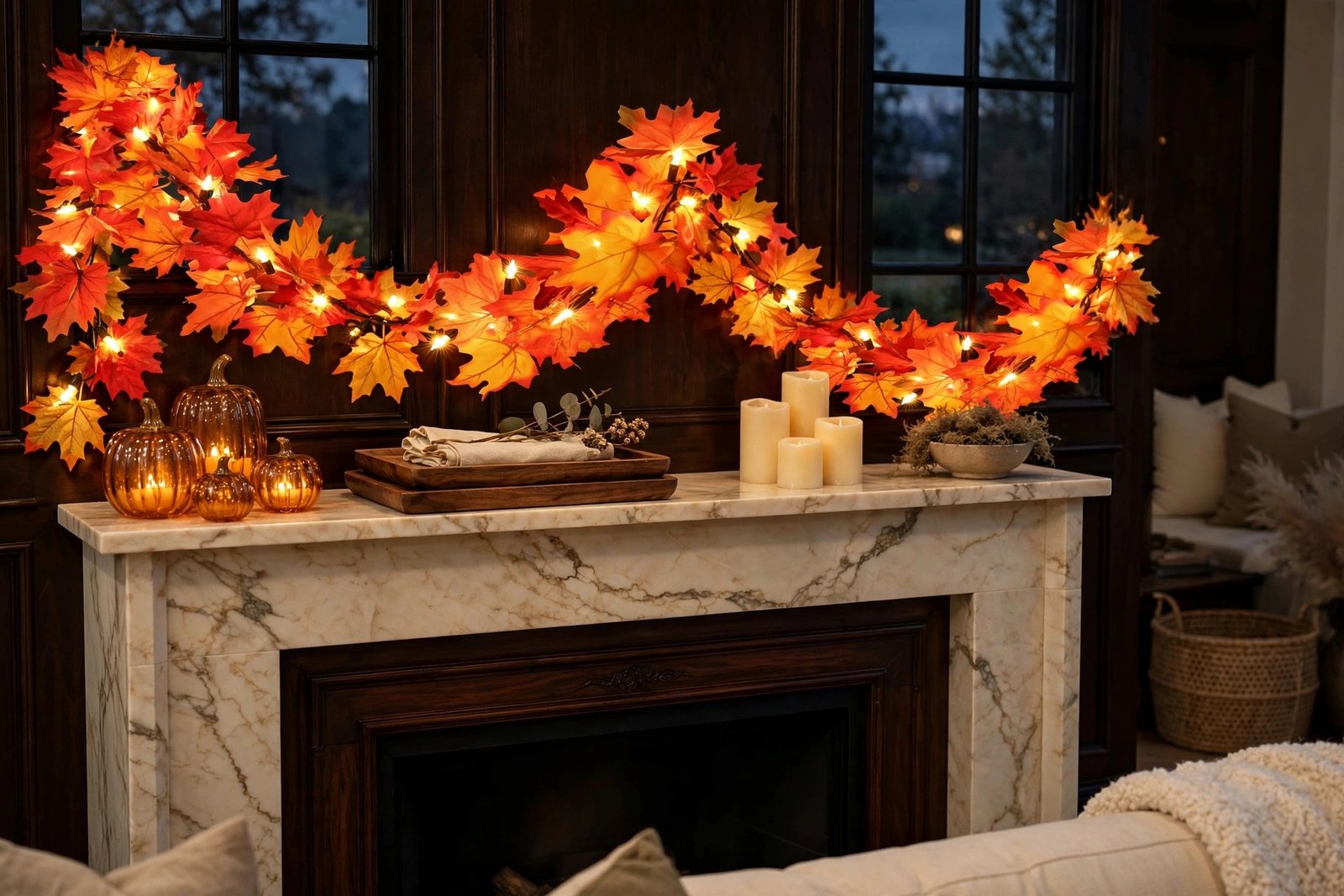 Luditek lighted fall garland draped glowing over a marble fireplace mantel with pumpkins and candles