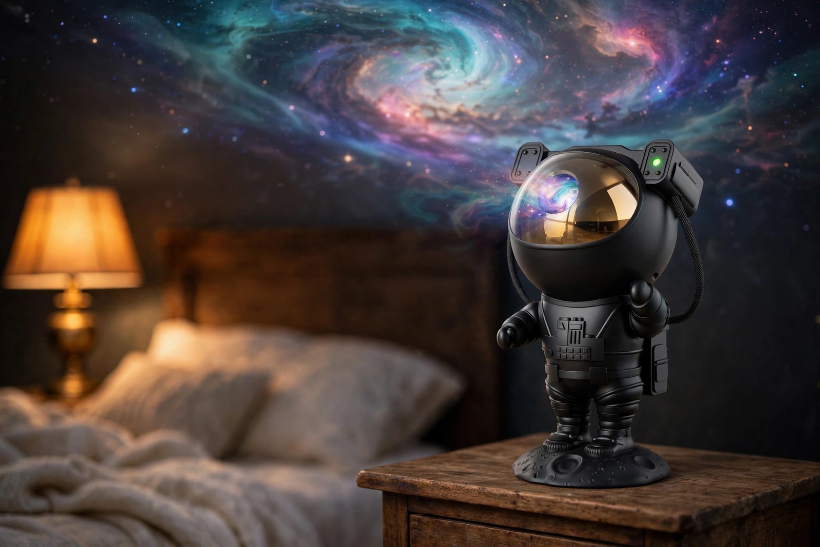 Mooyran astronaut galaxy projector on nightstand projecting nebula onto bedroom ceiling