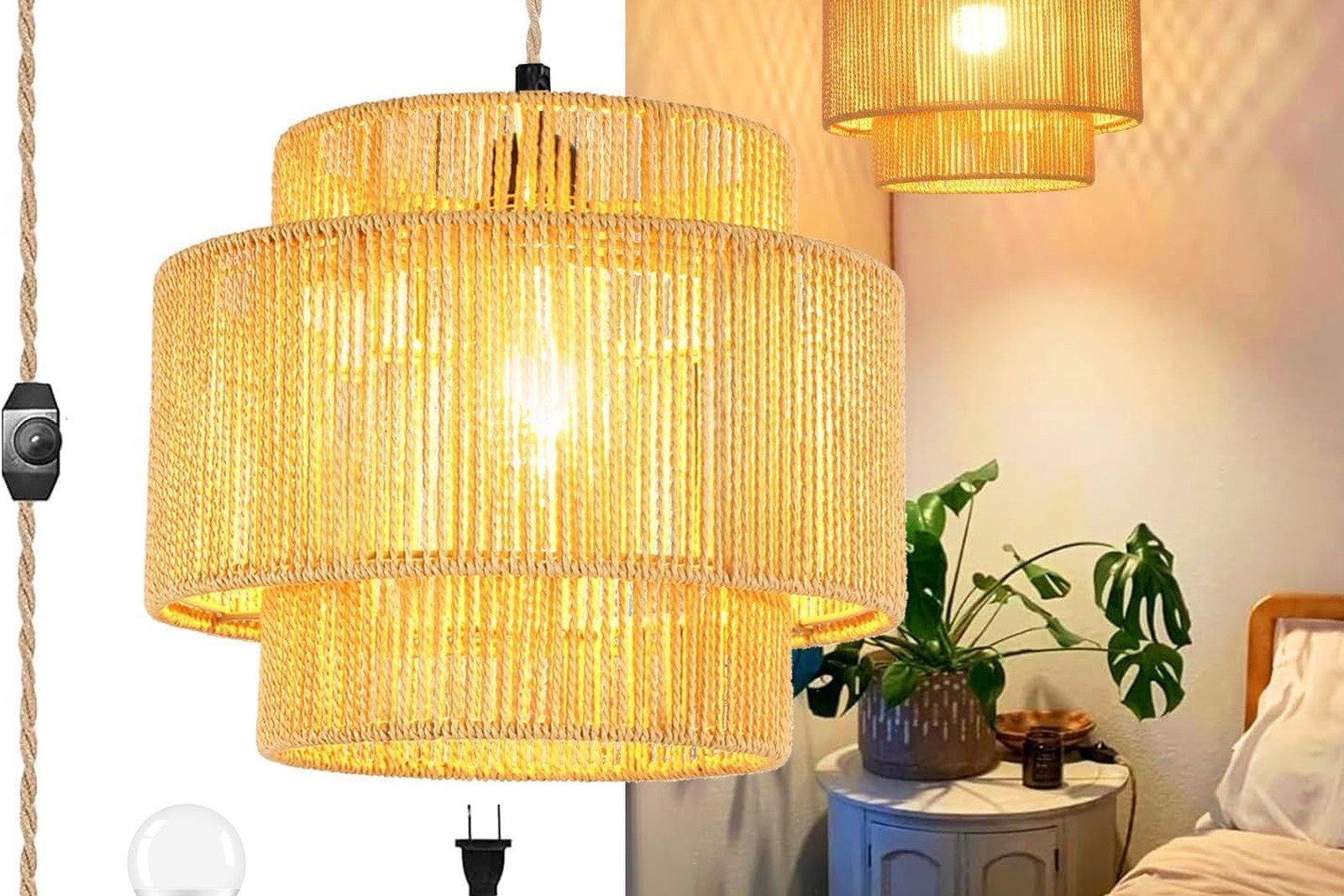 QIYIZM plug-in rattan pendant light with hand-woven three-tier abaca shade glowing warmly