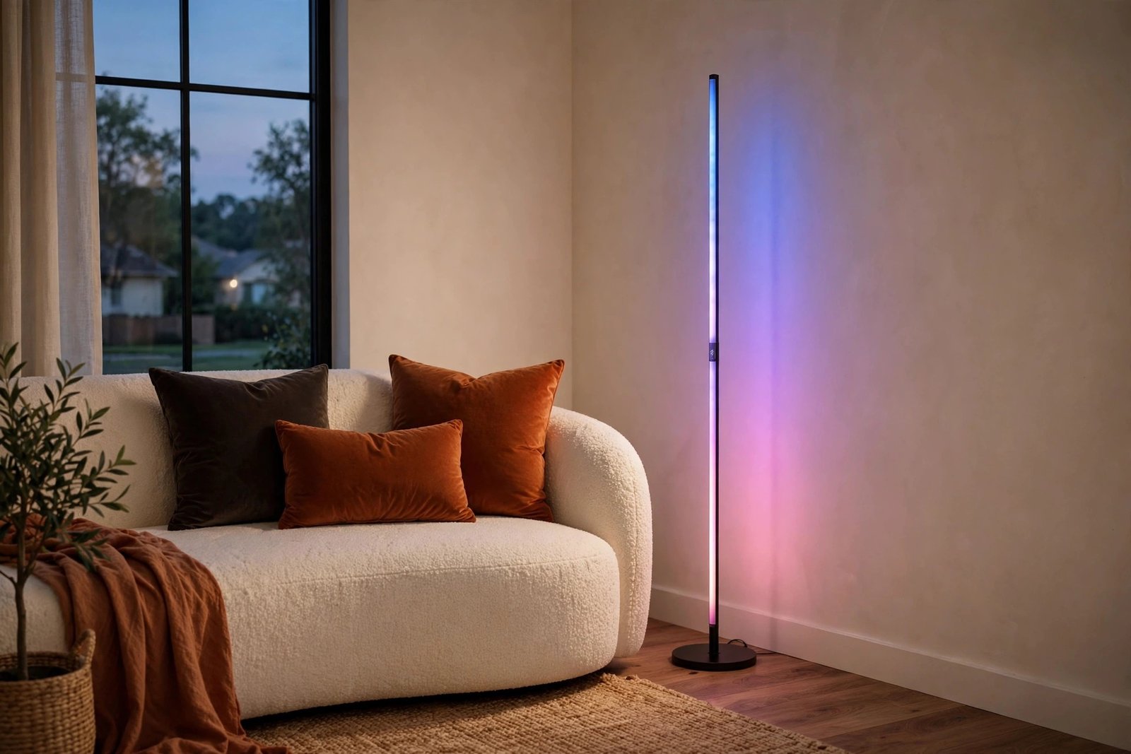 Govee RGBIC floor lamp glowing blue-purple-pink gradient in a cozy living room corner behind a cream boucle sofa