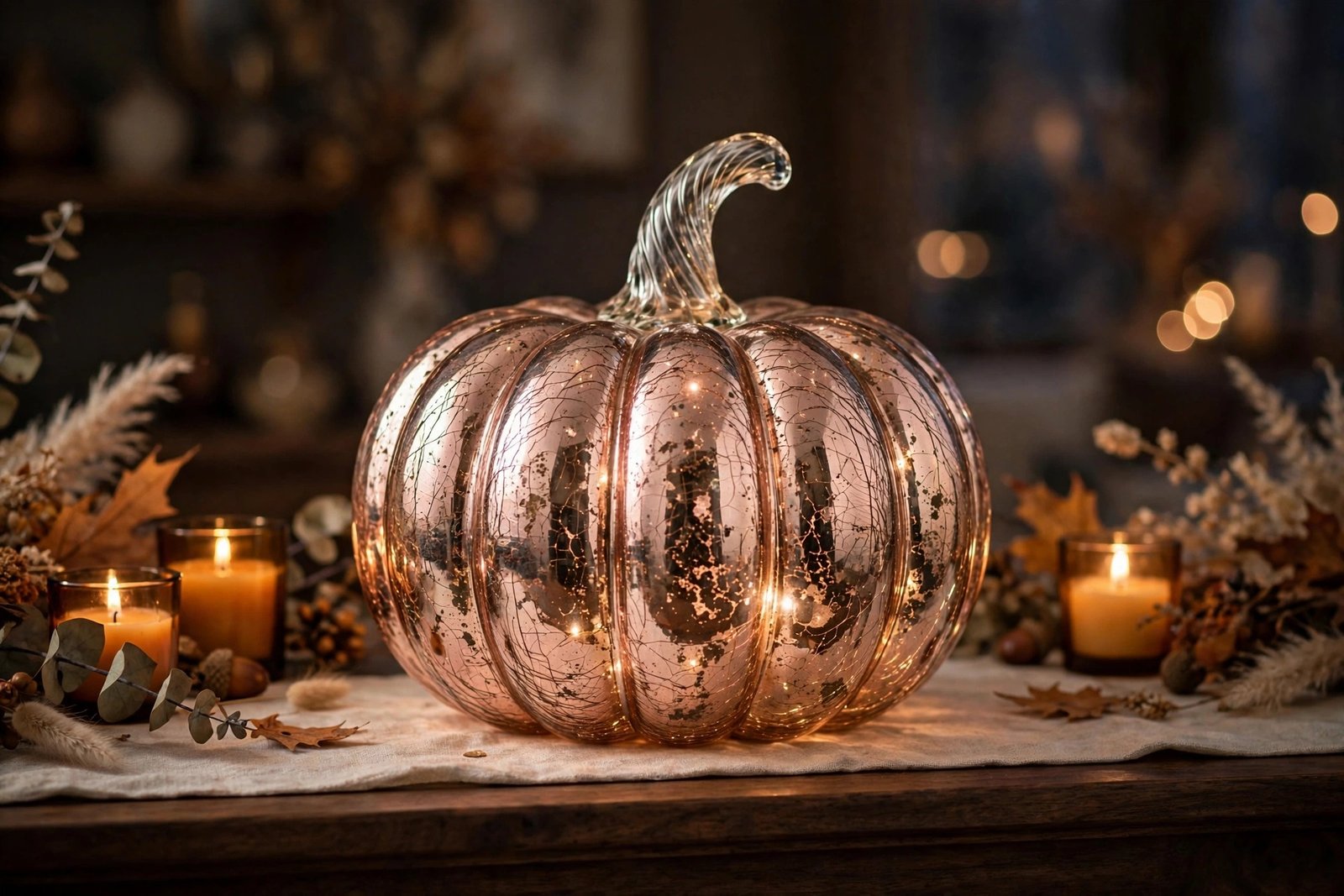 hvfun rosegold mercury glass pumpkin with timer glowing on a fall mantel