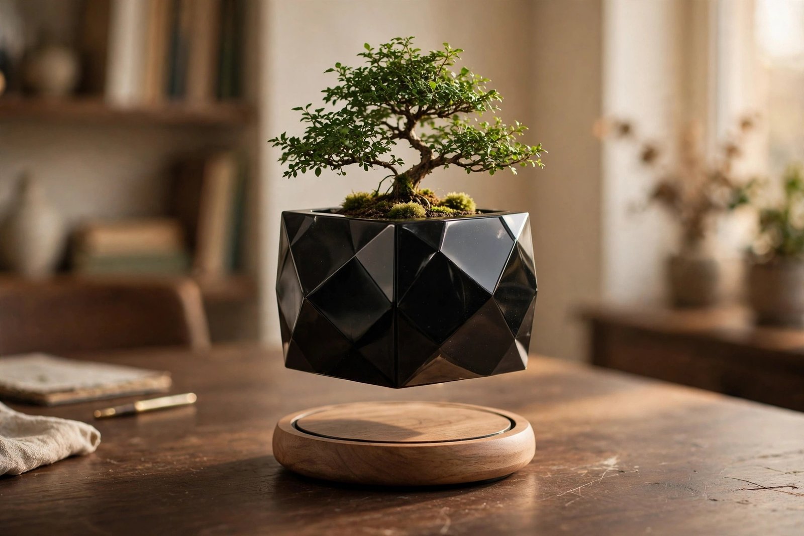 Babook levitating air bonsai pot — black faceted pot floating above a round wooden base with a small bonsai tree