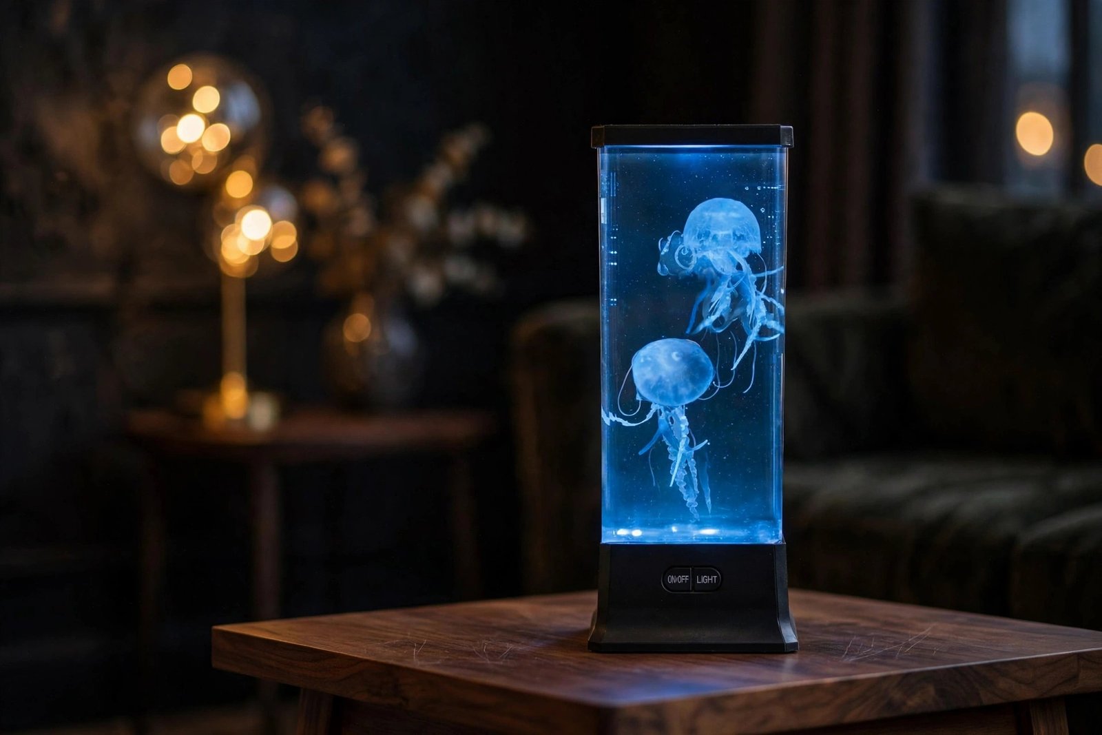 COLORLIFE electric jellyfish tank table lamp glowing vivid blue in a moody living room at dusk — tall rectangular acrylic tank, black base, two translucent jellyfish drifting