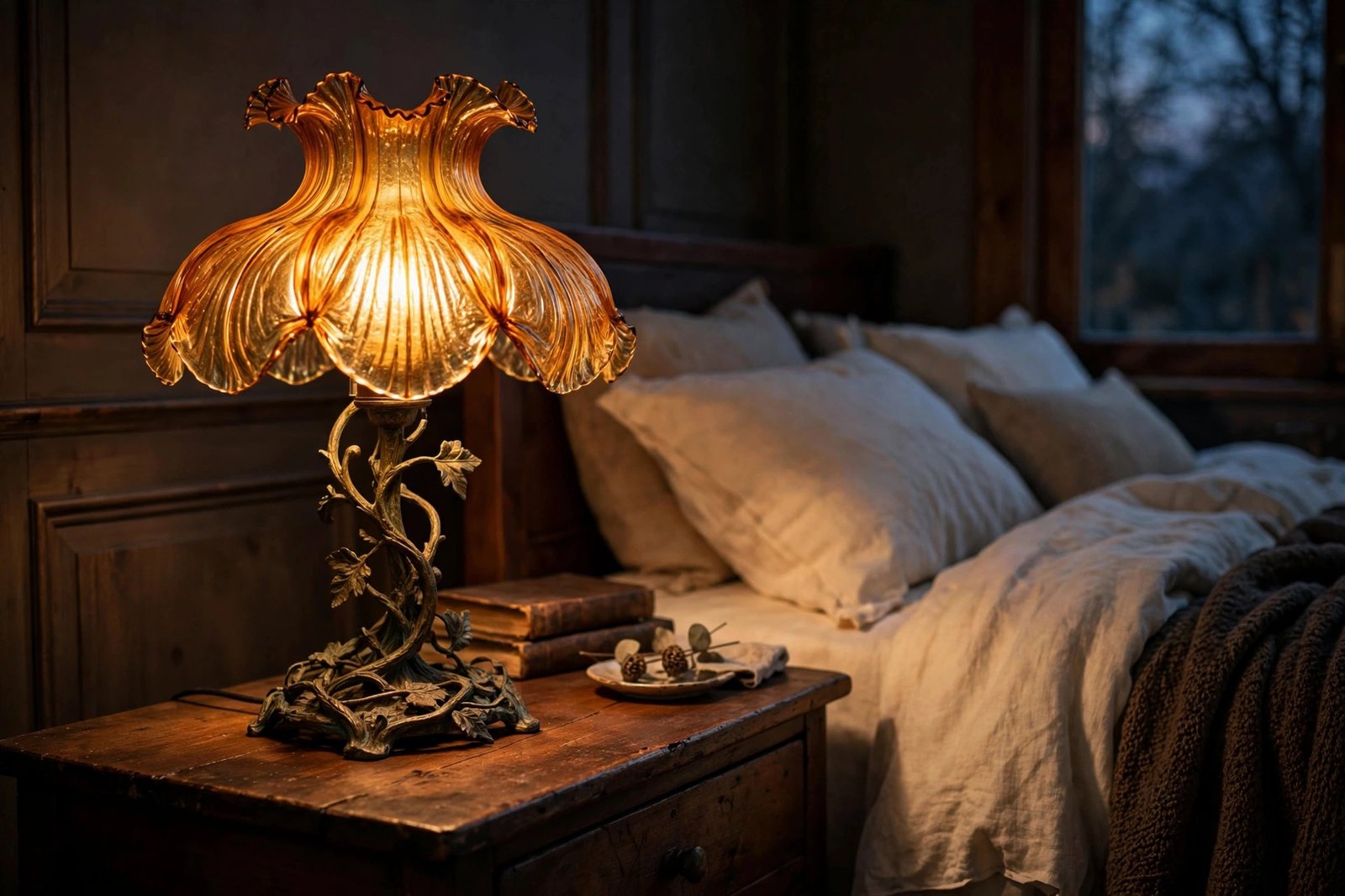RORIANO Touch Control Leaf Vintage Table Lamp with amber glass shade shaped like a blooming flower on a bronze leaf-and-vine sculpted base, glowing warm