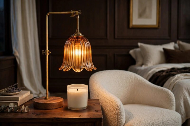 GODONLIF candle warmer lamp in gold with amber glass shade glowing over a jar candle on a wooden side table