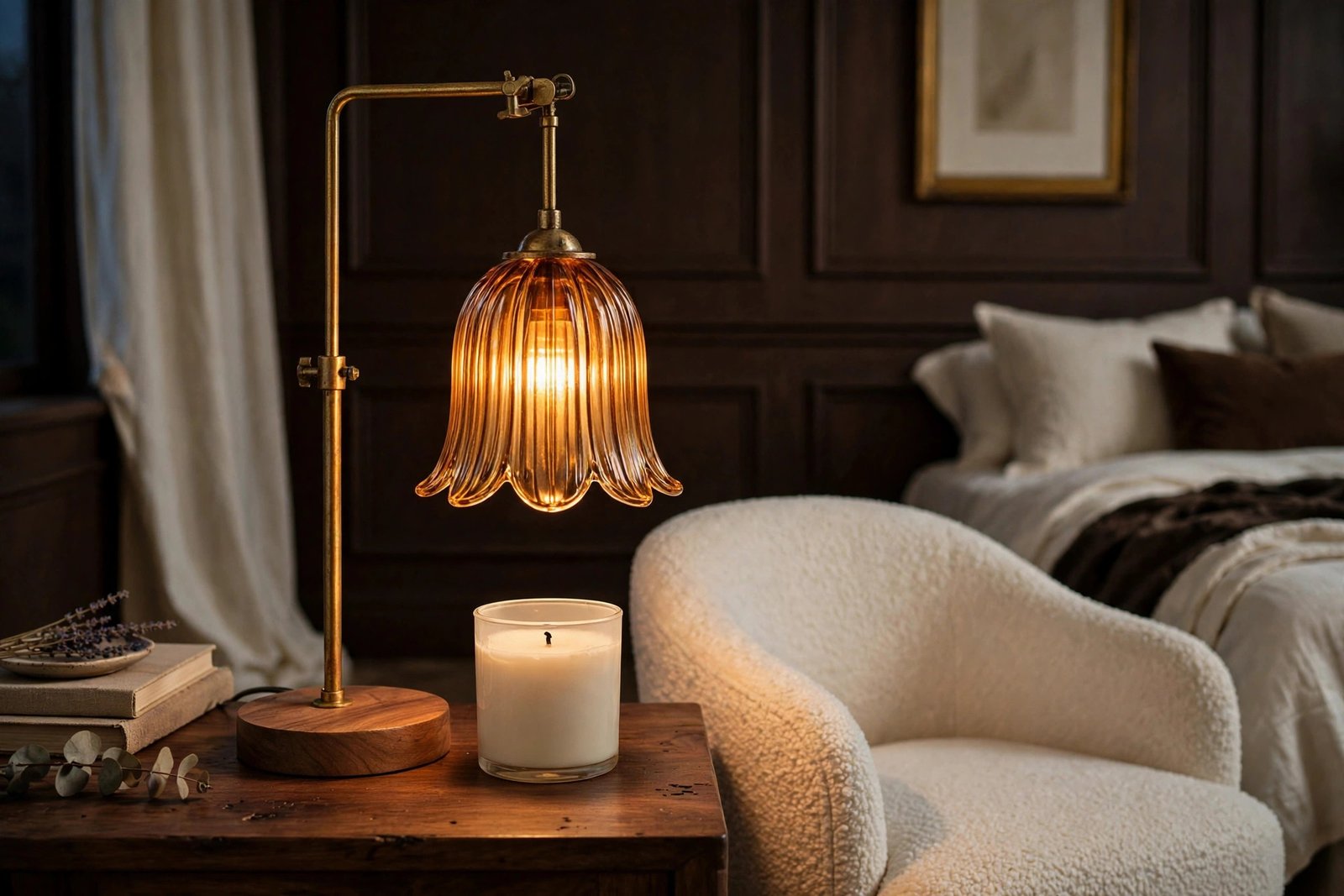 GODONLIF candle warmer lamp in gold with amber glass shade glowing over a jar candle on a wooden side table