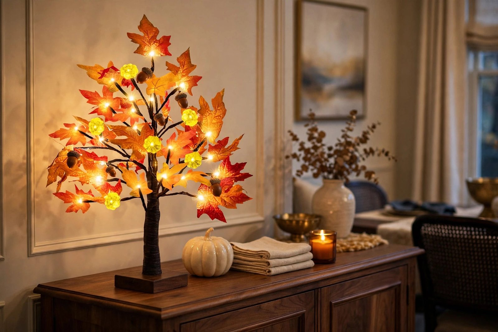 Single lit fall maple tree on a walnut sideboard styled with a cream ceramic pumpkin, linen napkins, and an amber candle