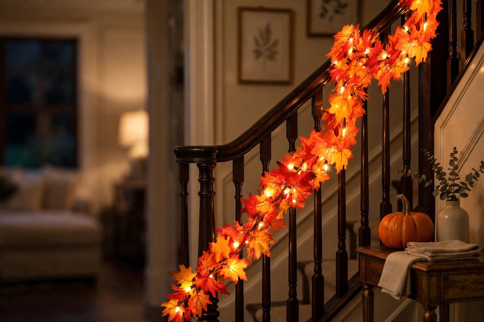 Lighted maple-leaf fall garland wrapped along a dark wooden staircase railing at night
