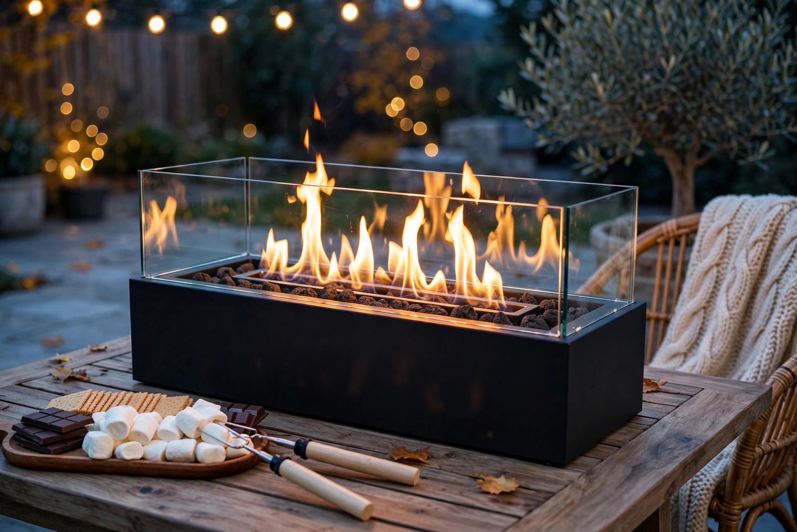 KORNIFUL tabletop fire pit styled on a patio table with string lights for a cozy fall evening