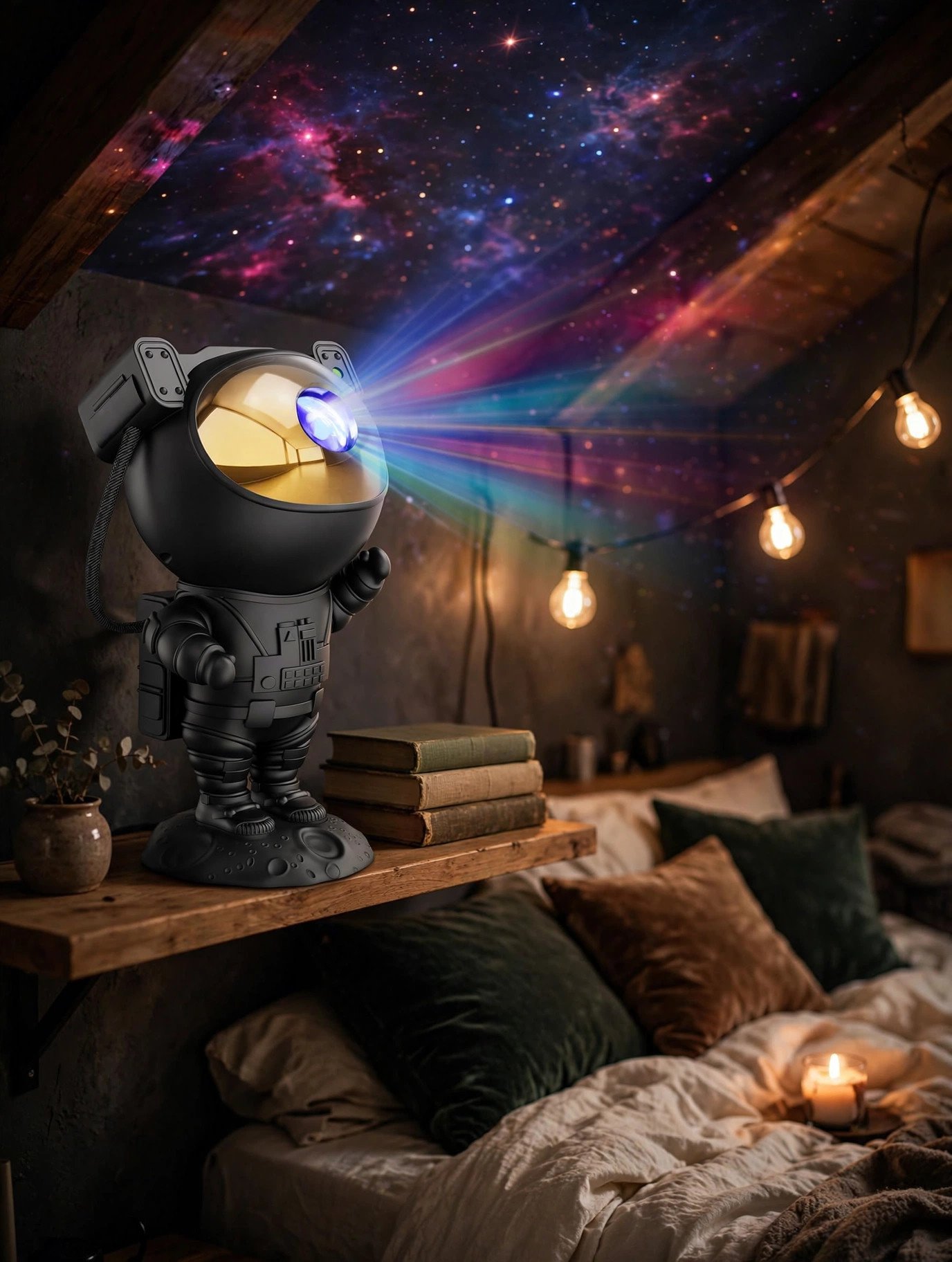 Astronaut galaxy projector on shelf projecting starry nebula over a cozy bed