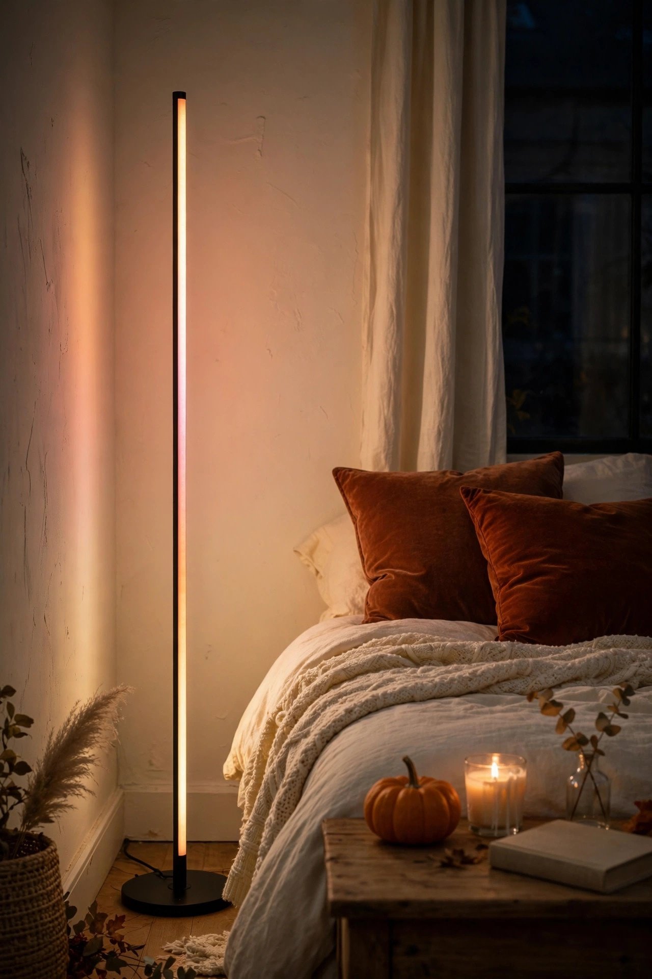 Govee RGBIC floor lamp in warm sunset glow beside a cozy fall bedroom with pumpkin and candle