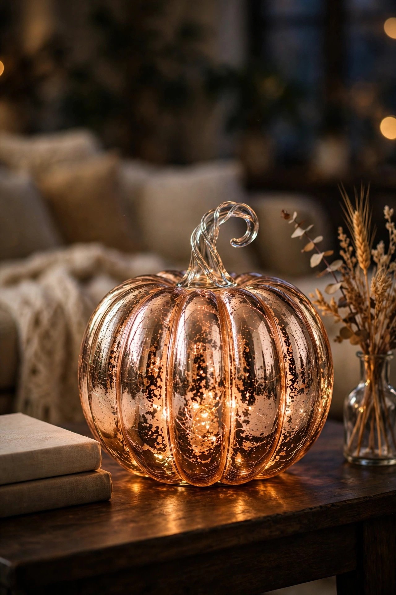Lit mercury glass pumpkin on a living room side table with dried eucalyptus