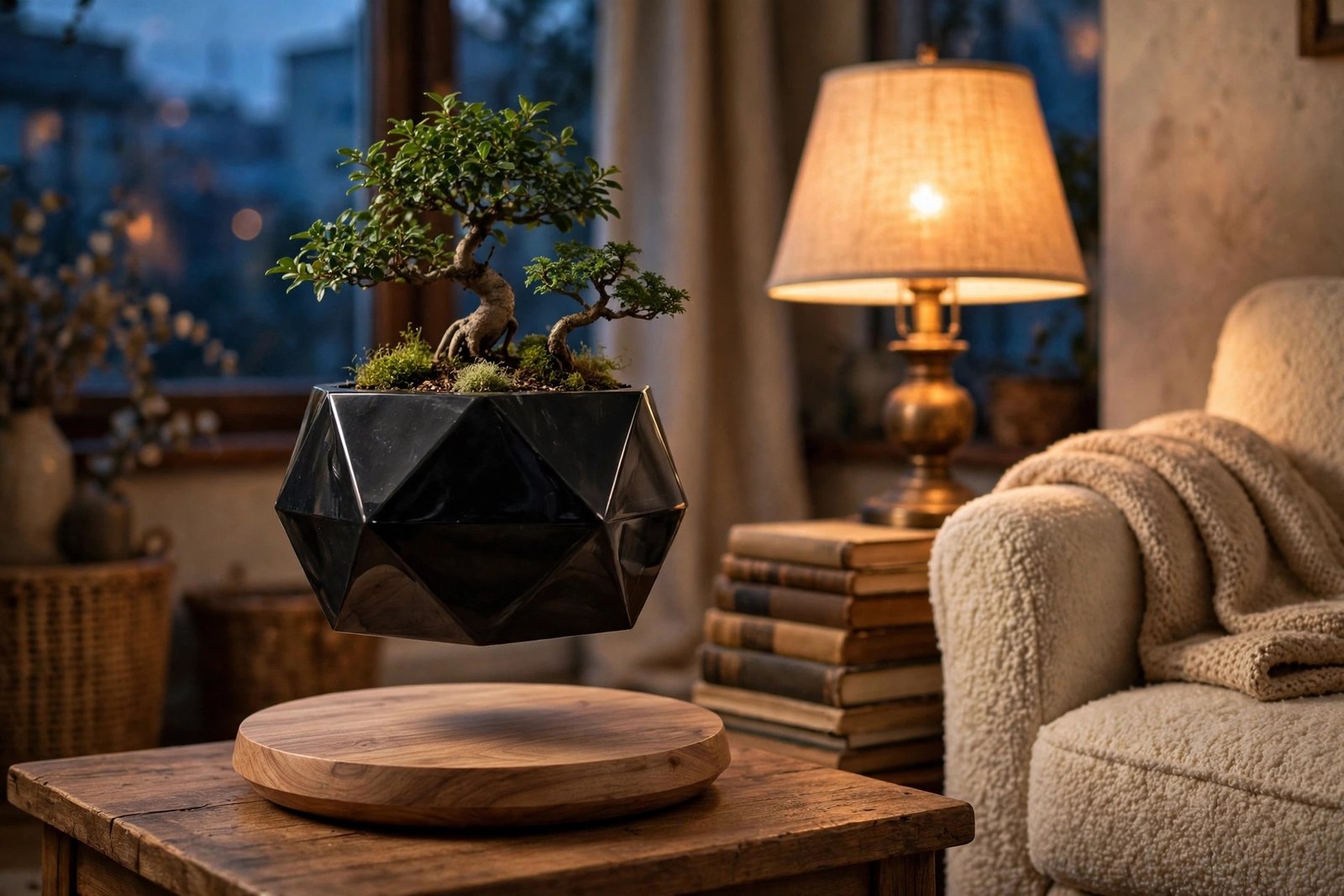 Levitating black bonsai pot floating above its wooden base in a cozy reading corner at dusk
