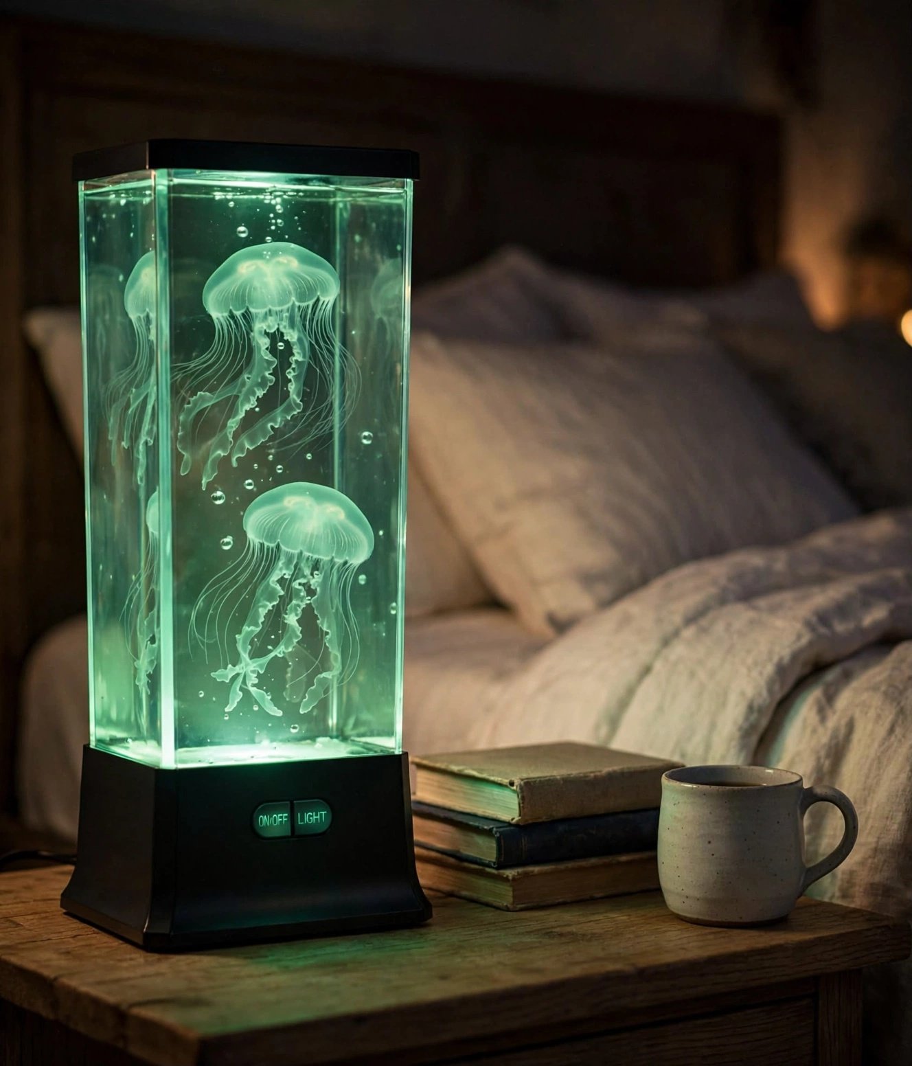 COLORLIFE jellyfish tank lamp glowing green on a cozy bedroom nightstand beside books and a mug