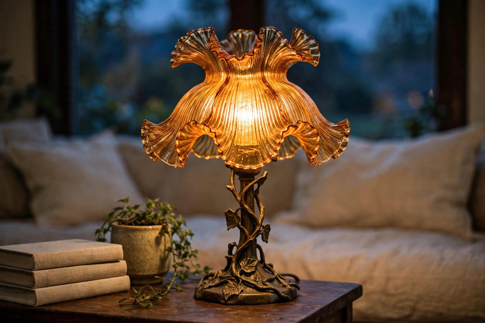 Amber glass leaf table lamp glowing on a styled living room side table at dusk