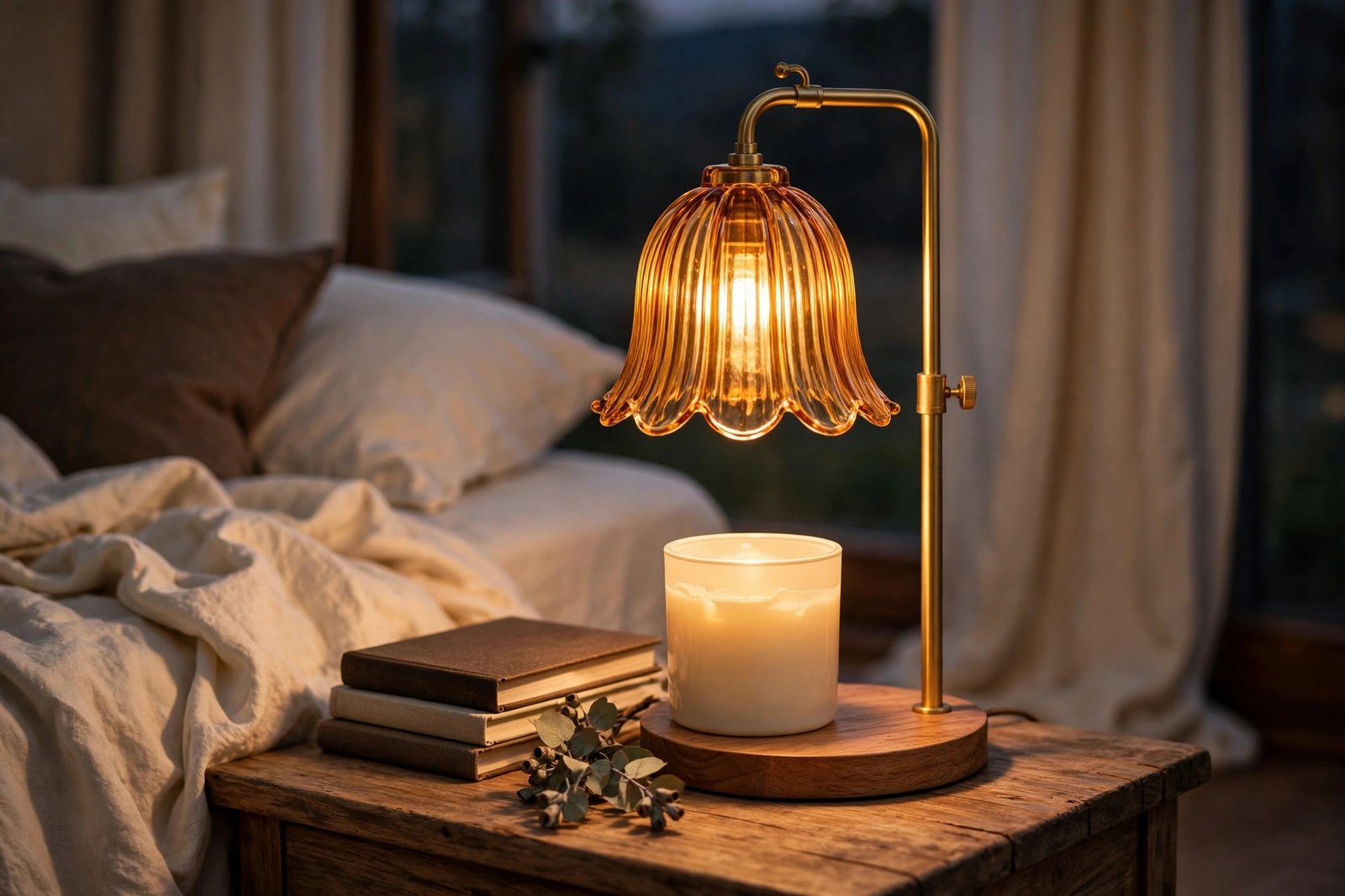 GODONLIF gold candle warmer lamp glowing on a nightstand beside linen bedding and books