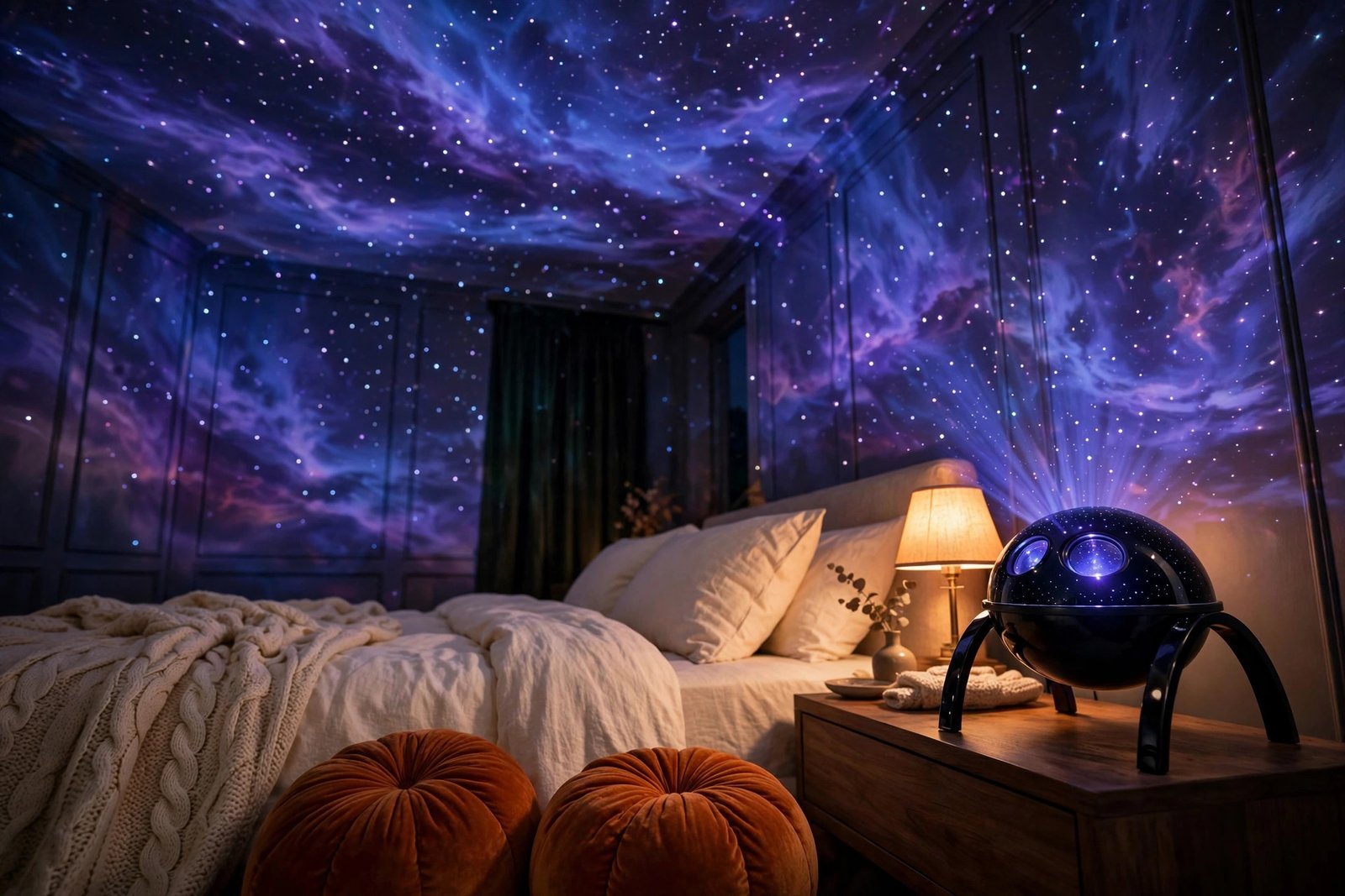 Cozy bedroom at night with ceiling and walls covered in blue-violet starfield projection from a Rossetta dome projector on the nightstand, cream bedding and velvet pumpkin pillows