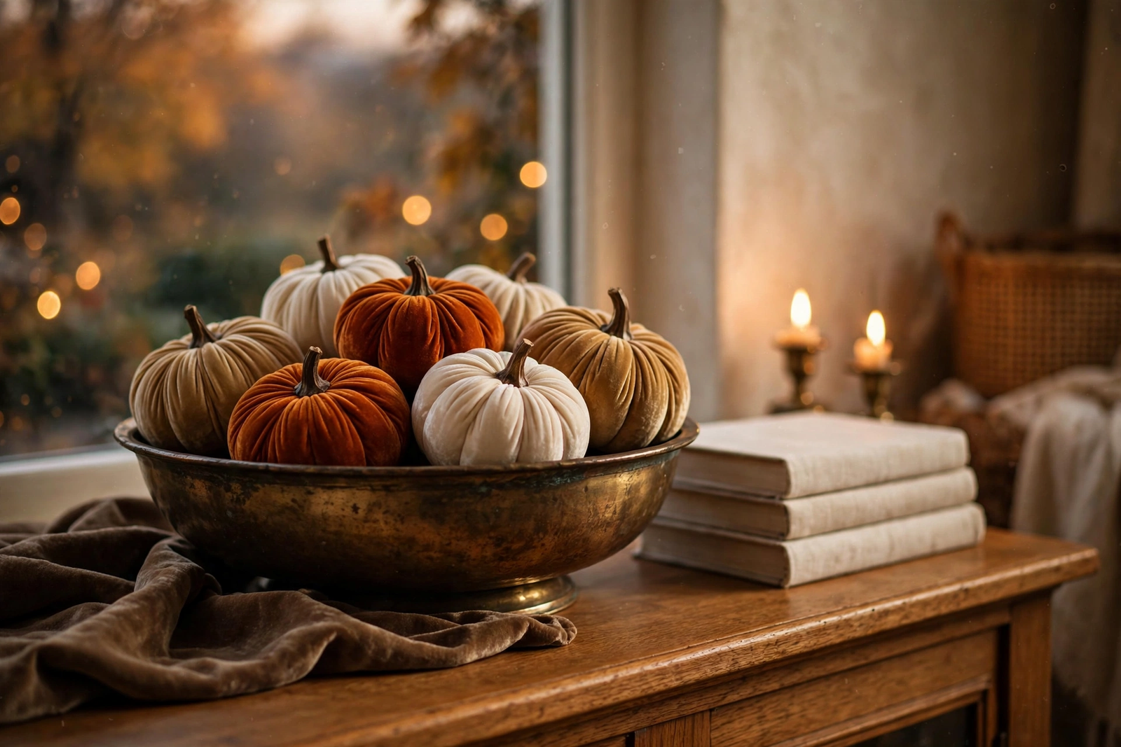 Velvet pumpkins styled in a brass bowl on a console table for a cozy fall look