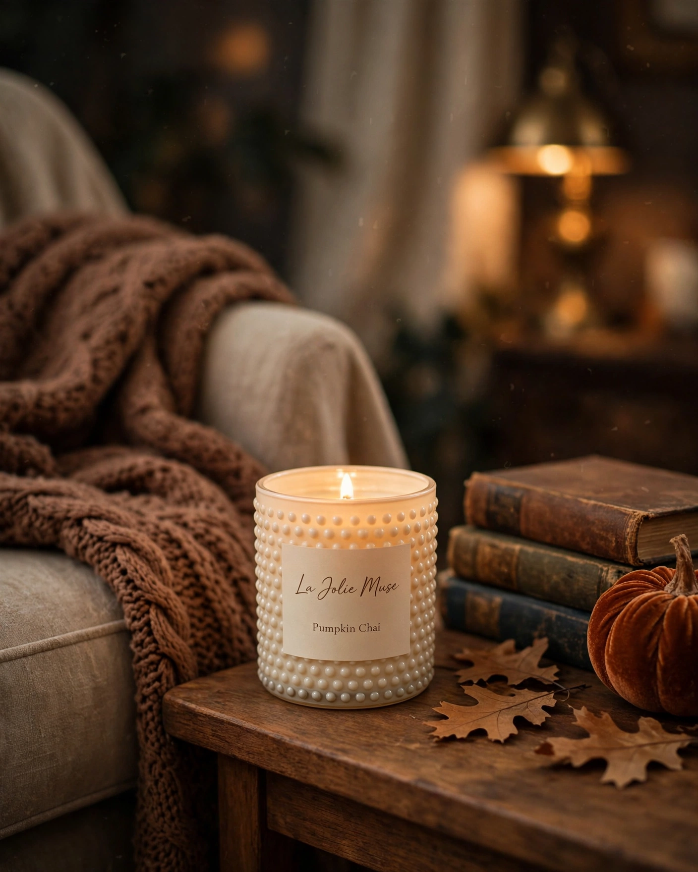 Lit Pumpkin Chai candle beside vintage books and a velvet pumpkin in a cozy reading nook