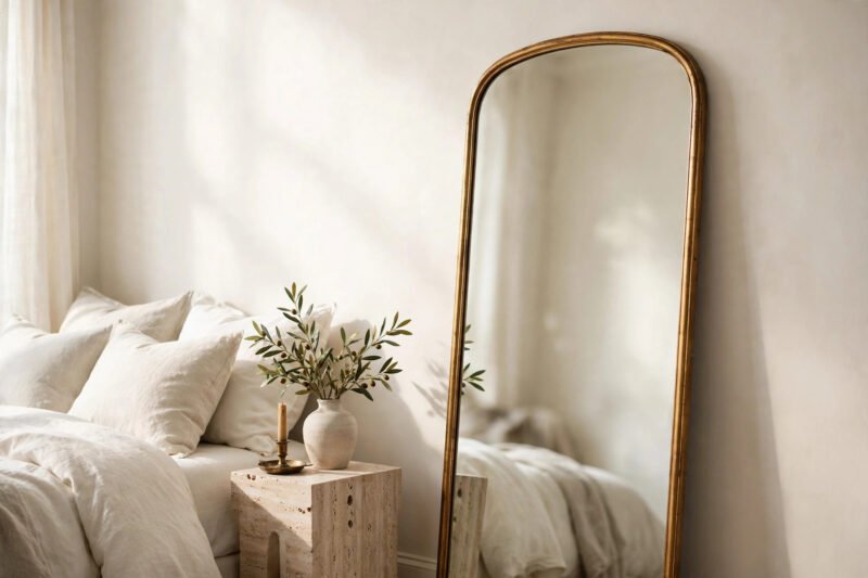 Gold arched full-length floor mirror styled in a serene ivory bedroom