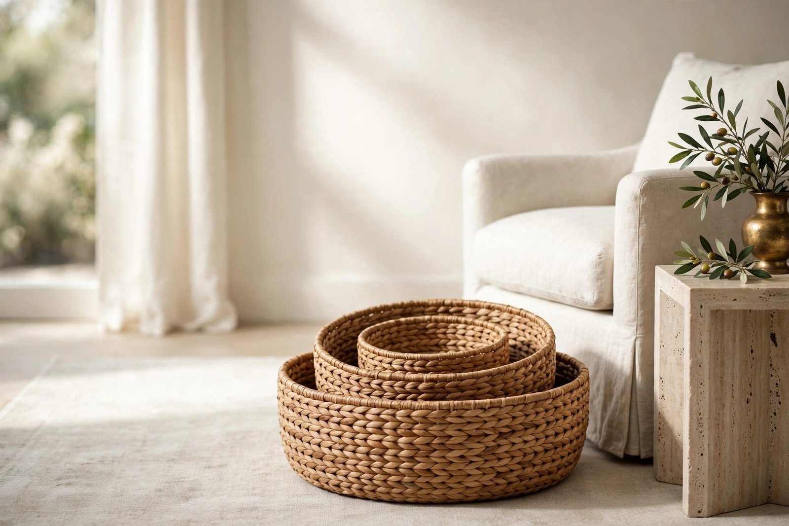 Woven water-hyacinth nesting baskets in warm honey-brown