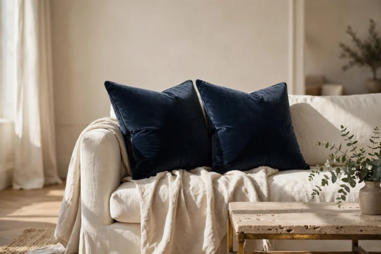 MIULEE dark navy velvet throw pillow covers styled on ivory linen sofa