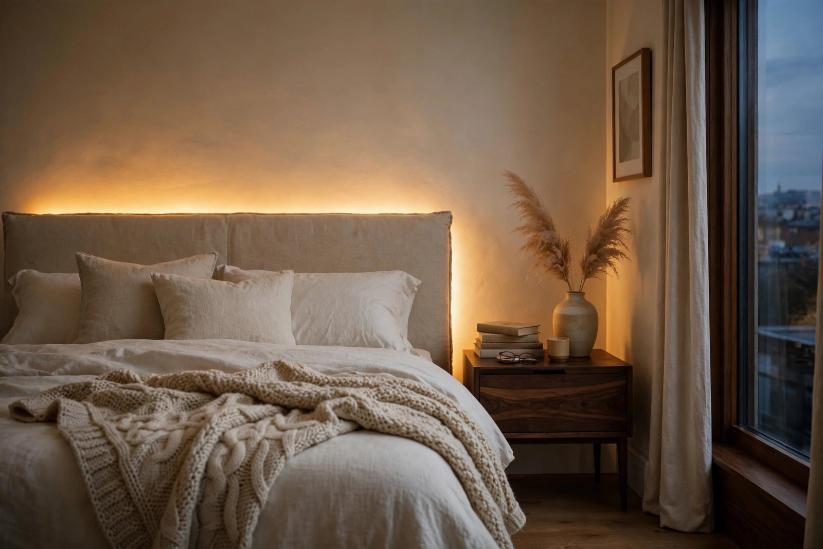 Cozy bedroom at dusk with warm amber LED strip light glowing behind a linen headboard