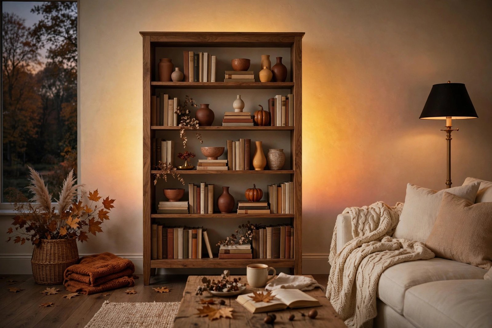 Fall living room with bookcase softly backlit by warm sunset-gradient LED strip light