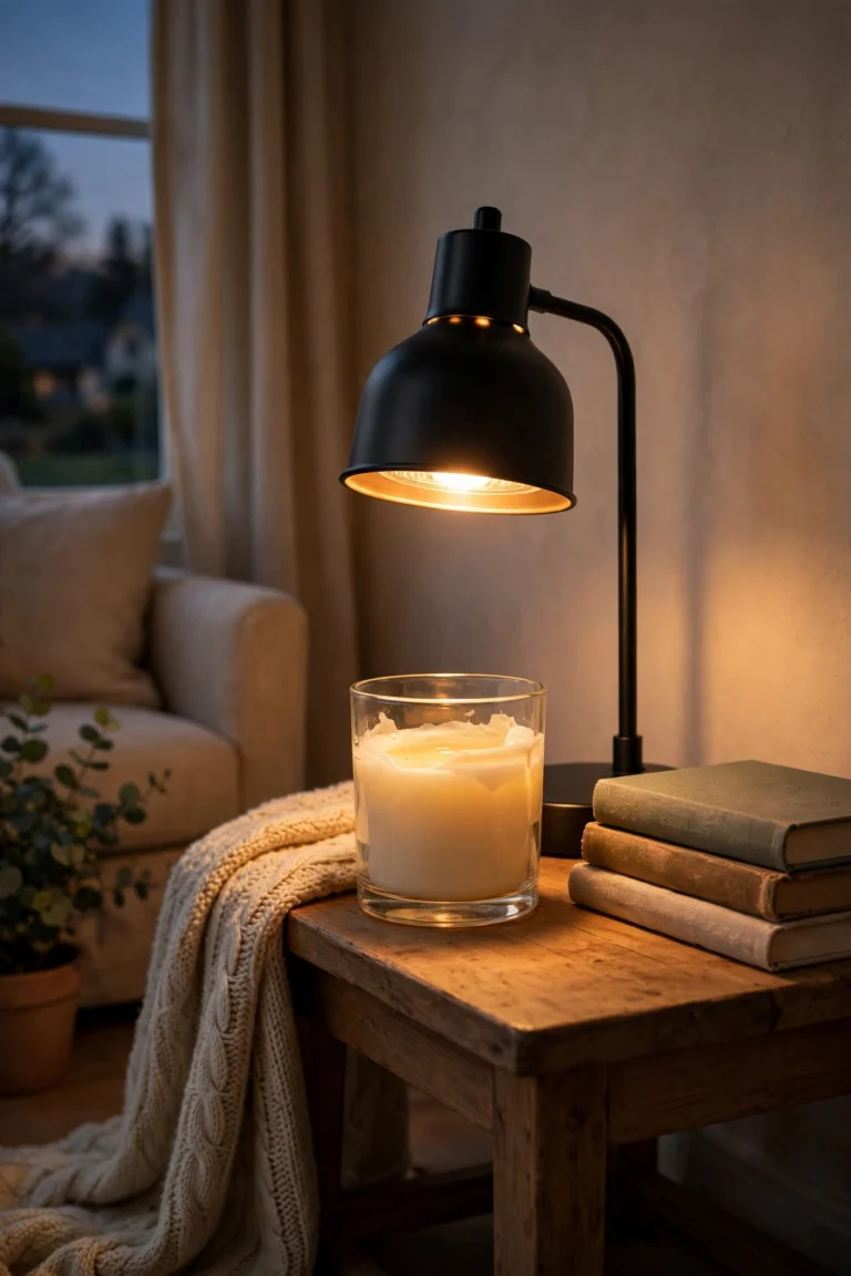 Candle warmer lamp glowing warmly in a cozy living room corner