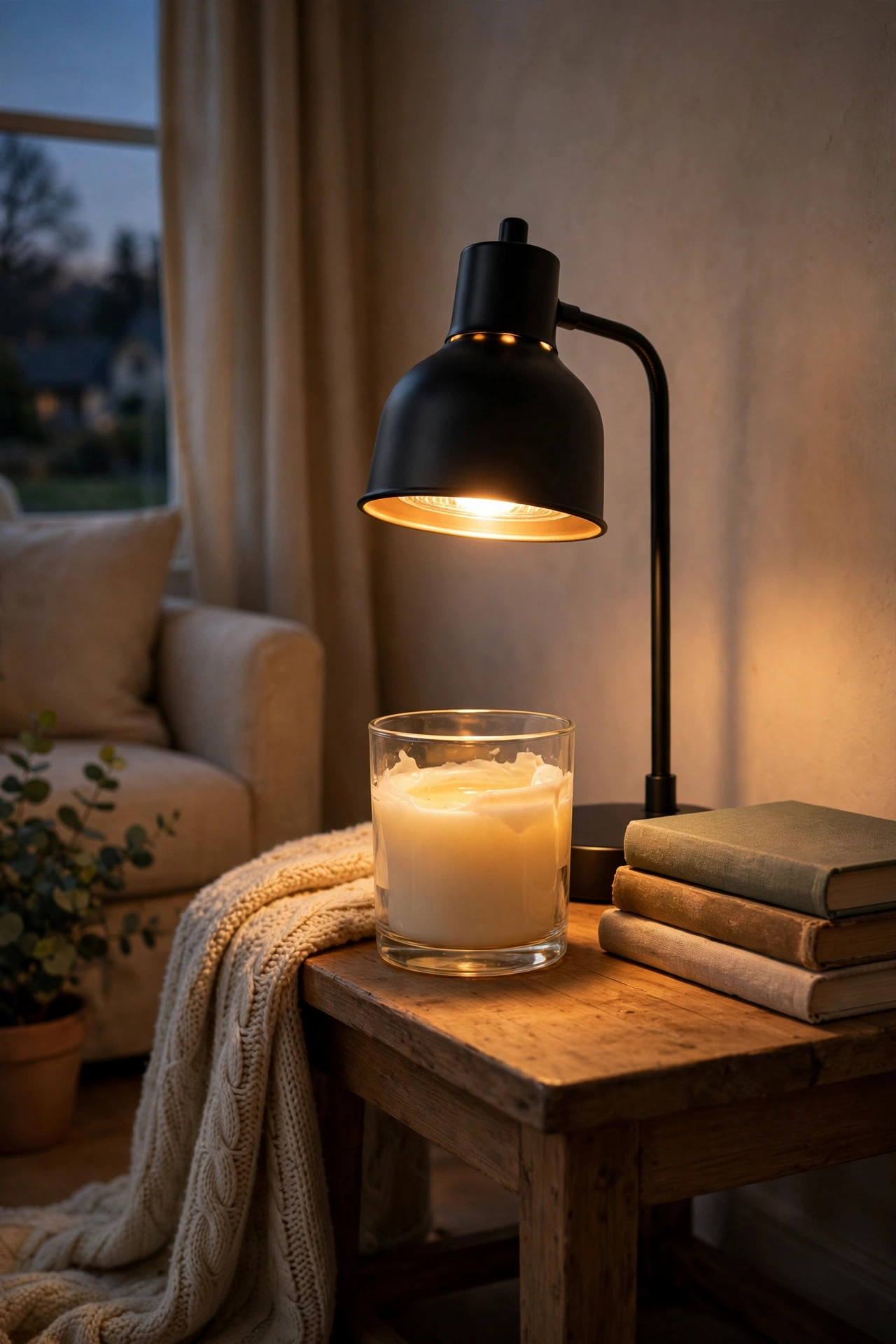 Candle warmer lamp glowing warmly in a cozy living room corner