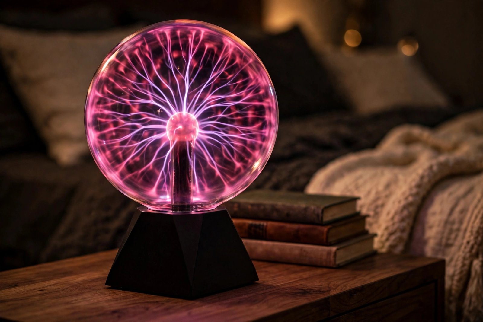 Theefun 8-inch plasma ball lamp glowing with pink and purple plasma filaments on a wooden nightstand in a cozy bedroom at night