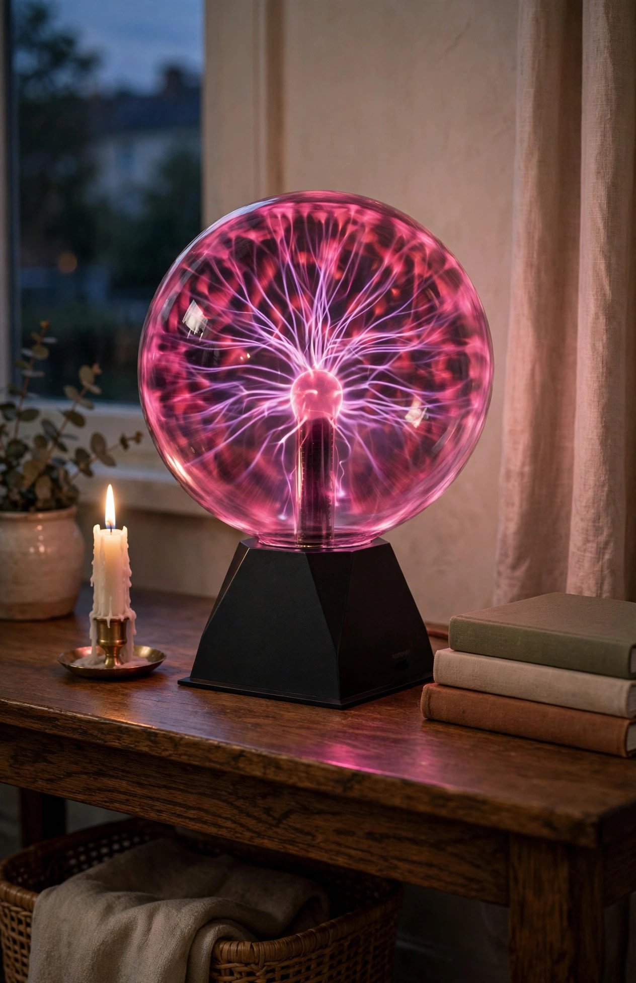 Theefun plasma ball lamp on a dark oak console table at dusk beside a lit candle and books