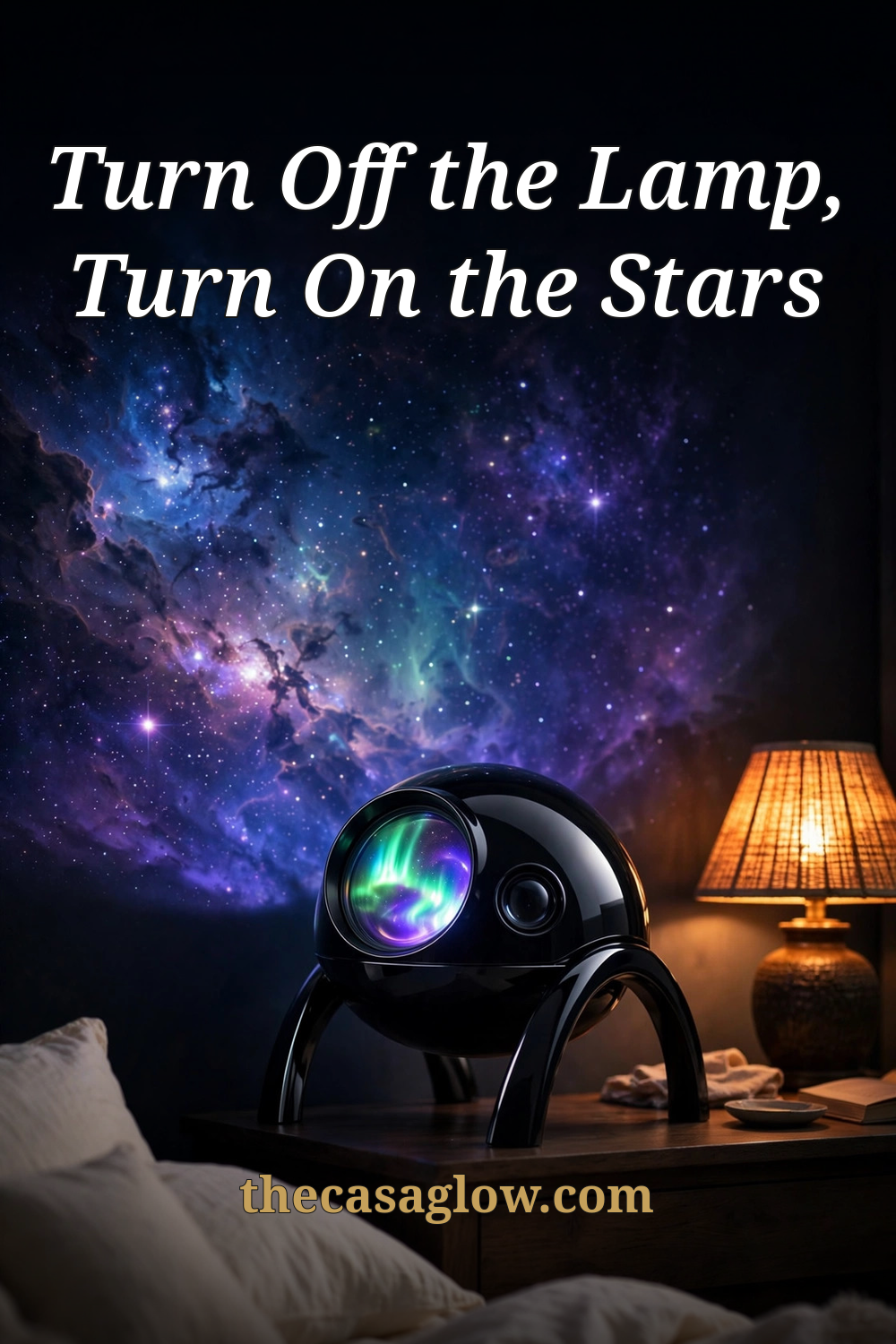 Rossetta galaxy projector projecting a vivid nebula starfield on a bedroom wall, with serif headline Turn Off the Lamp, Turn On the Stars and thecasaglow.com footer