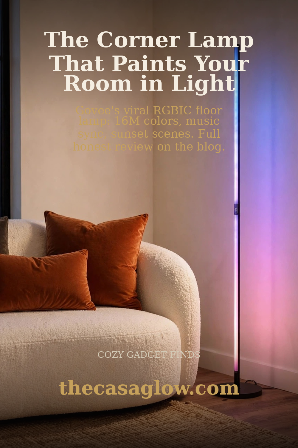 Govee RGBIC floor lamp in living room corner, pin headline: The corner lamp that paints your room in light