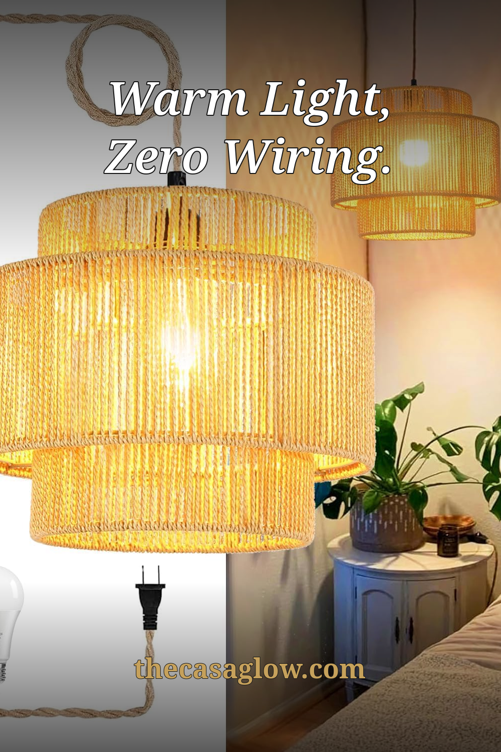 Plug-in rattan pendant light, warm light zero wiring, thecasaglow.com