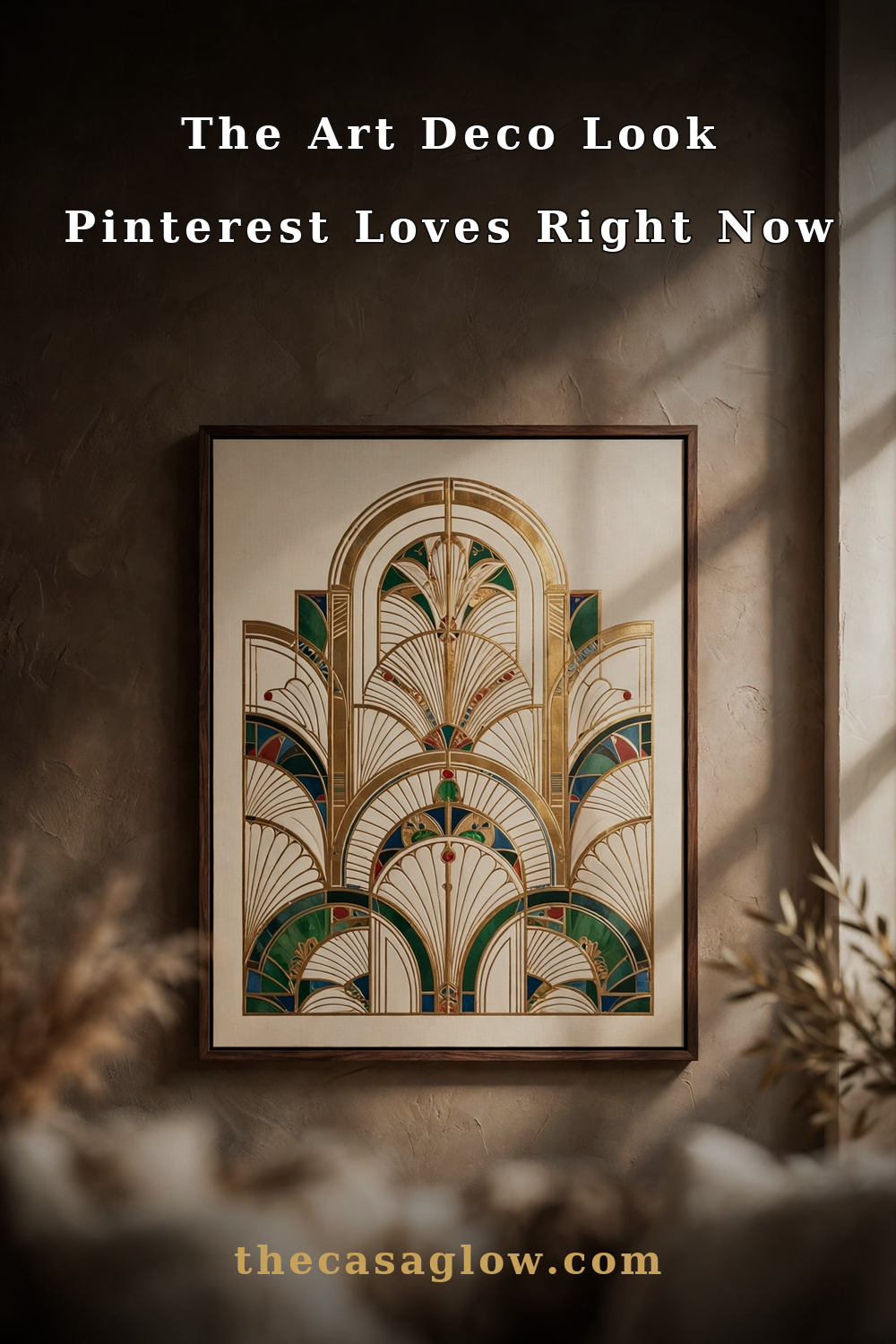 Gold botanical art deco framed wall art set styled in a luxury living room