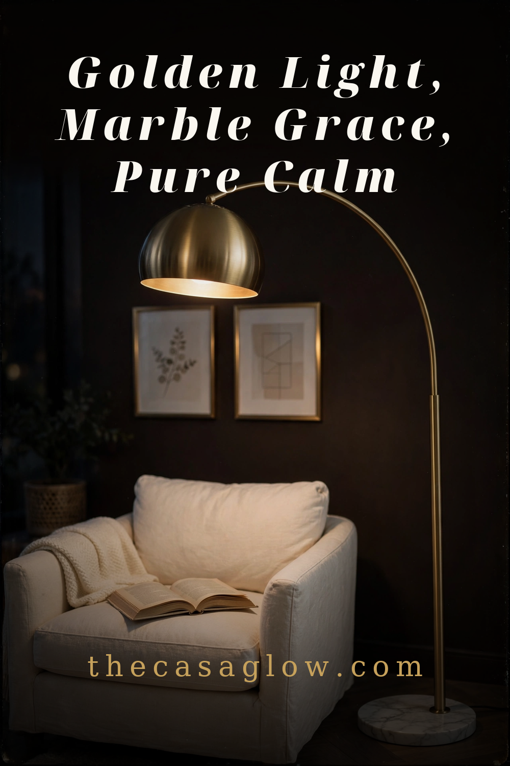 CO-Z gold arc floor lamp with marble base in an elegant living room